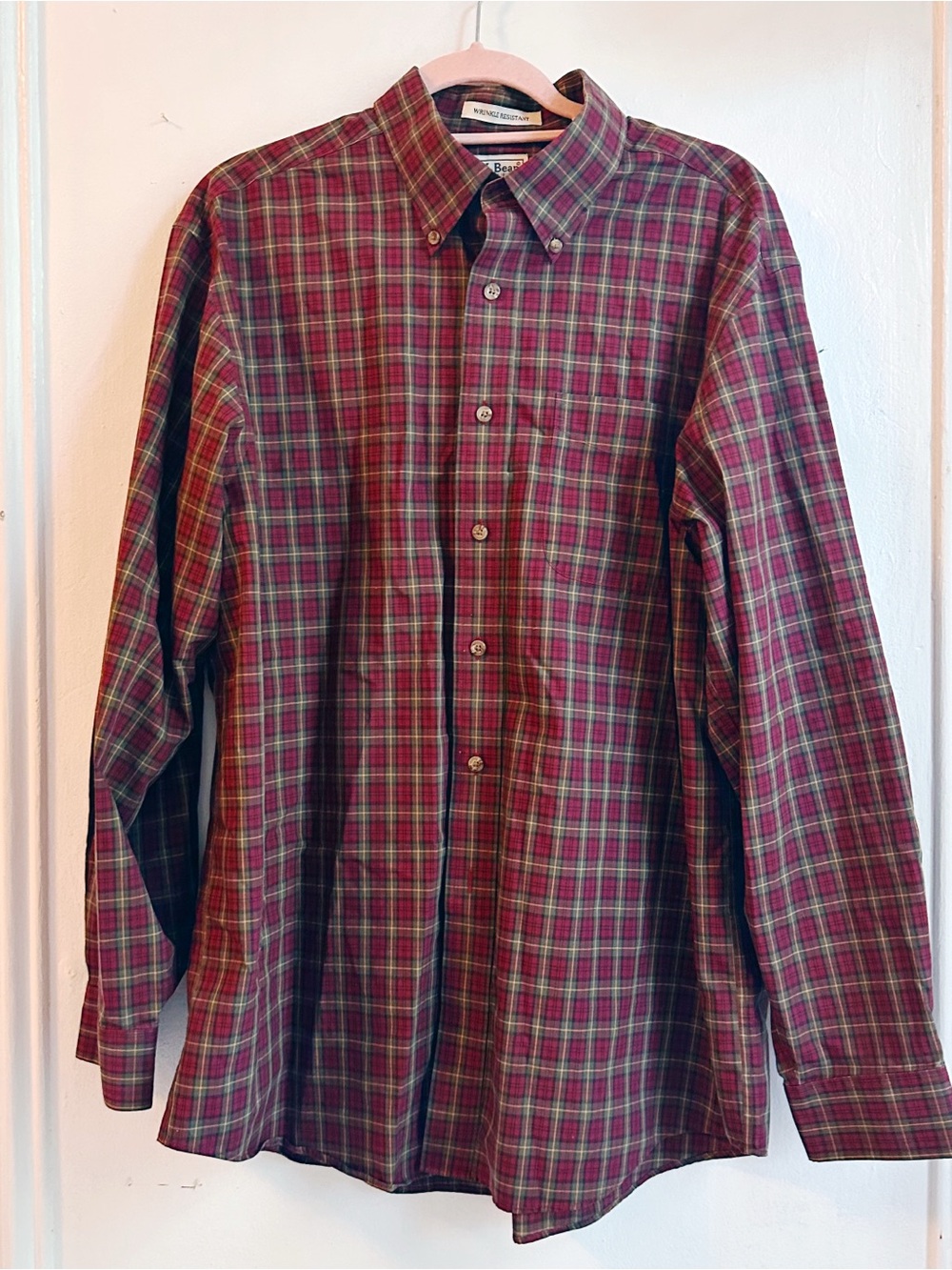 Vintage L.L. Bean 100% Cotton Men's Large Red Green Plaid Button-Down Shirt